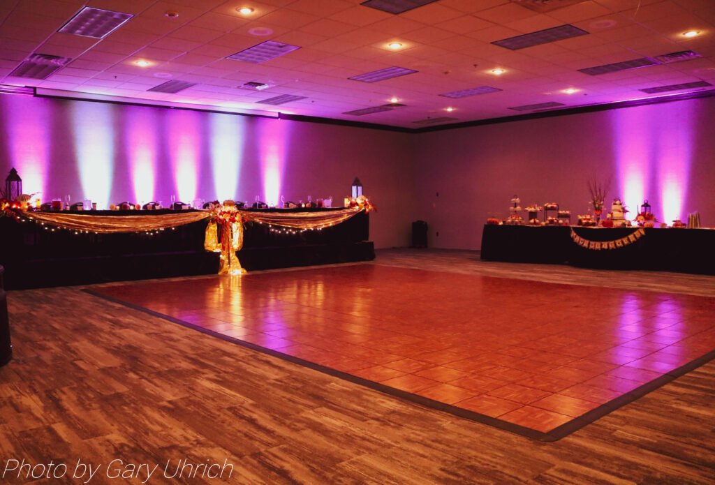 Wedding decor, uplighting, dance floor.  The DJ Music System, DJ Gary Uhrich.  Wedding Reception.