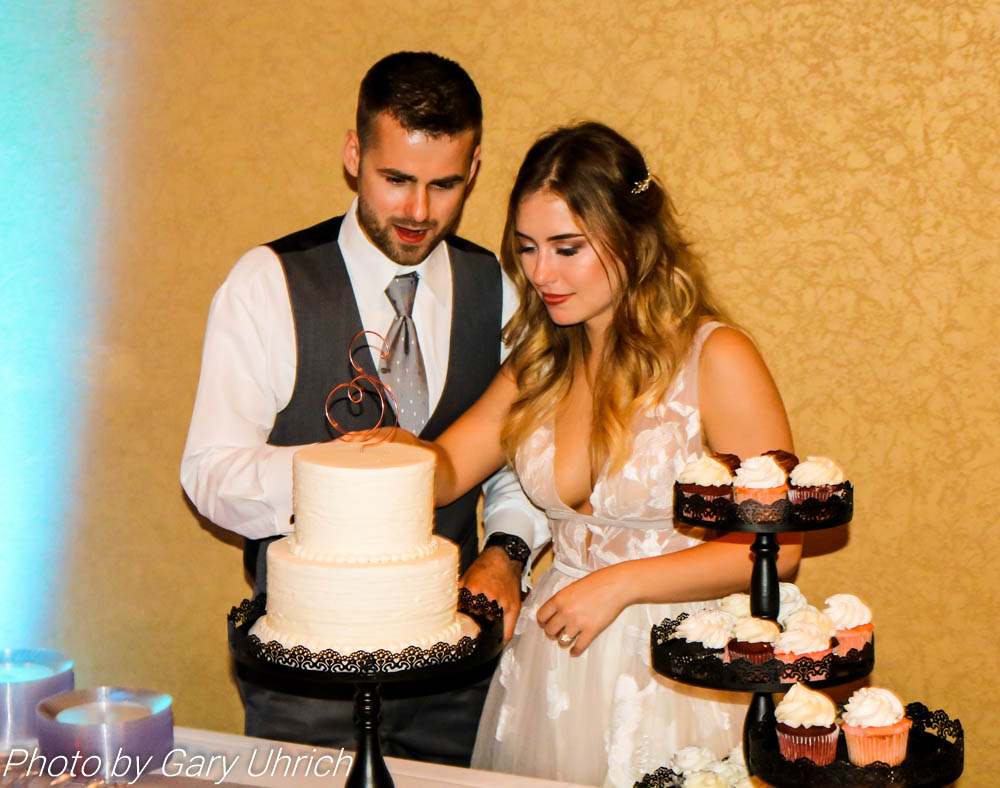 Bride and Groom cutting cake.